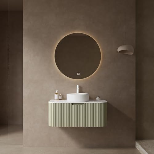 Image of KEIKI 36 inch Bathroom Vanity Cabinet with Sink Combo, Wall Mounted Curved Edges Striped Floating Bathroom Vanity with Soft-Close Drawer, White Round Ceramic Basin Without Faucet, Light Green