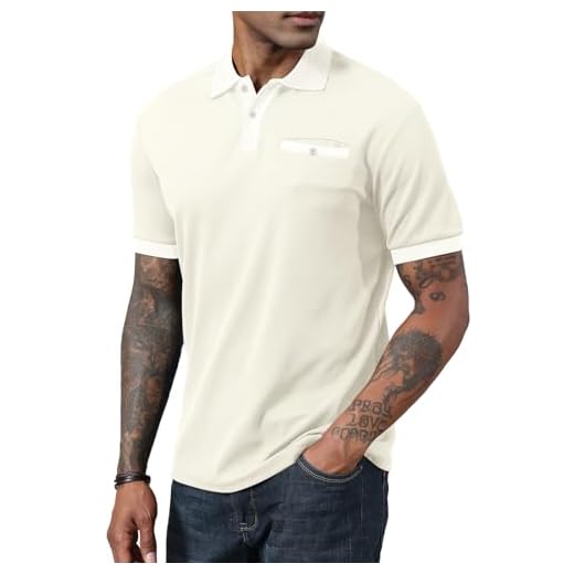 Camisa polo masculina manga curta golfe casual gola polo vintage piquê camisas com bolso, Bege, 3G