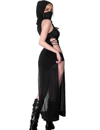Rave Outfits for Women High Split Slim Hooded Black Knit Dress Cover Ups Streetwear2