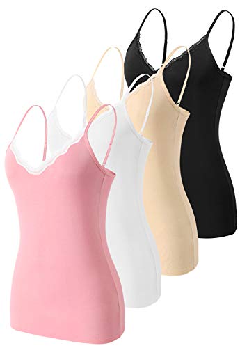 AMVELOP v Neck Women Camisole Adjustable Spaghetti Strap cami lace Trim Tank Tops 4 Pack Black Apricot White Pink(w) M