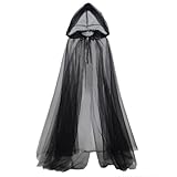 Hooded Cloak 3-Layer Sheer Tulle Gothic Ghost Cape Witch Cloak for Women Halloween Costume Renaissance Accessories (Black)