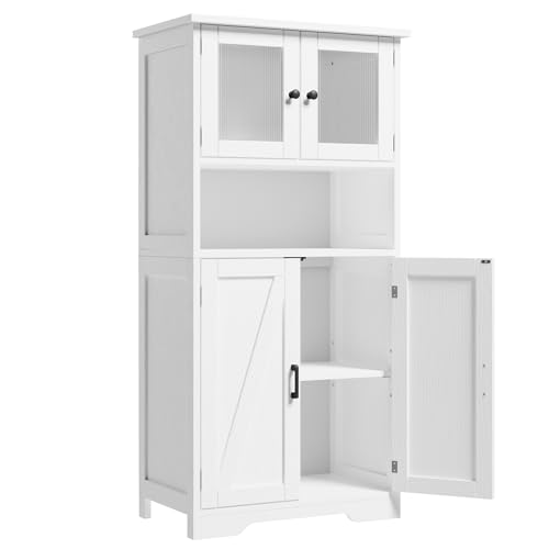 Zstar 50.4' Gabinete De Almacenamiento Grande De MDF con 4 Puertas y 1 Compartimento Abierto, 2 Puertas De Vidrio, Estantes Ajustables para Cocina, Dormitorio, Sala o Pasillos, Blanco.