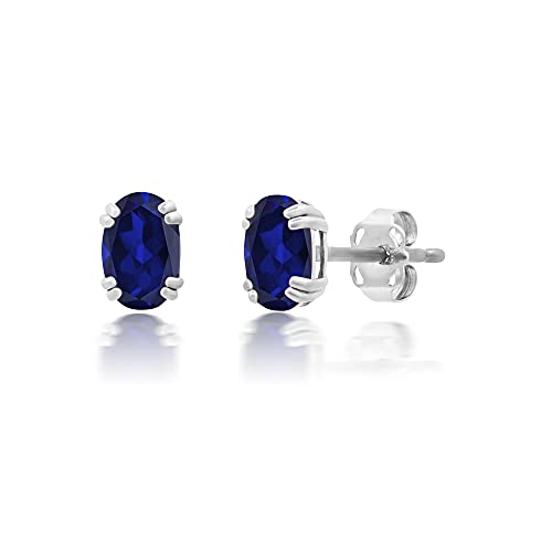 Nicole Miller Fine Jewelry - Solid 10k White Gold Minimalist 6x4mm Oval Double Prong Created Blue Sapphire Stud Earrings