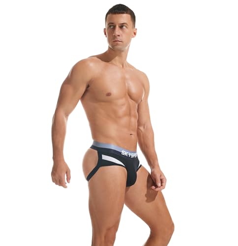 SKYSPER Hombres Jock Strap Athletic Supporter para Hombres Sexy Jockstrap Ropa Interior Masculina, PE01-Negro, XXL