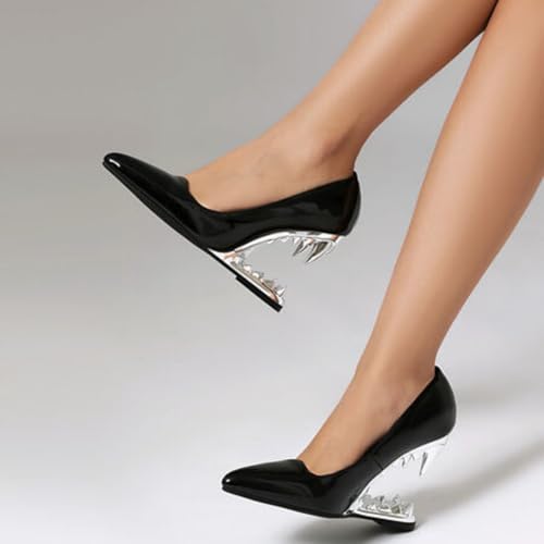 Women's Fashion Metallic Tiger Teeth High Heel Shoes Sexy Pointed Closed Toe Patent Leather Slip-On Shark Teeth Pumps3