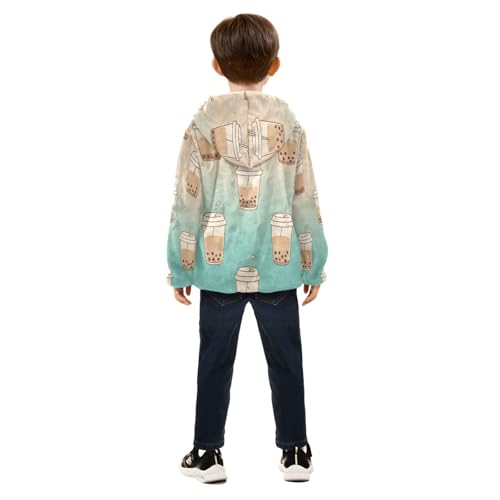 Bubble Tea Cups Pattern Design Toddler Fleece Jacket Girl Boys Hooded Fleece Jacket Coat Warm Outwear Zip-up 3-10T4