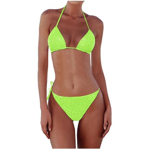 Conjuntos de bikini para mujer Sexy String Bikini Lentejuelas Halter Bikini de cintura alta Triángulo Bikini Tanga Push Up Traje de baño de dos piezas Bikini Bikini Top Verano Monocolor Conjunto de