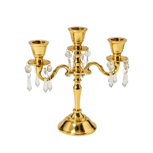 Image of Aluminum 3-Arm 8inch Gold Crystal Hanging Candelabra for Dining Table | Vintage Candle Stand for Romantic Dinner, Home & Wedding Decor