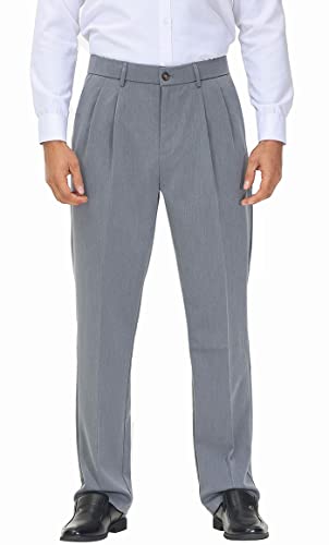Soojun Men's Flex Pleated Front Classic Fit Dress Pants, Grey Heather, 40W x 32L