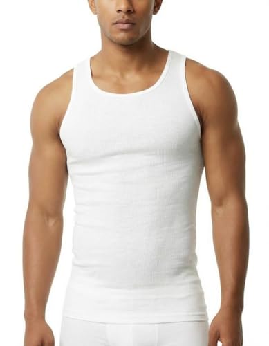 Pure Look Men’s 3-Pack 100% Cotton Ribbed Sleeveless A-Shirt Tank Top Undershirt, White, X-Large