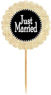 Just Married Black Rustic Burlap Wedding Cupcake Decoration Topper Food Picks -12Pack