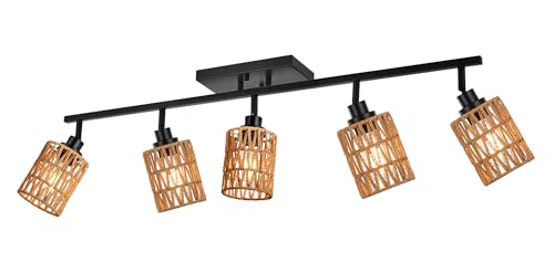 MELUCEE 5 Light Black Track Ceiling Light Fixture with Rattan Lamp Shade, Farmhouse Vanity Lights for Bathroom with Rotatable Light Head, Spotlight Track Lighting for Hallway Porch Foyer Bath