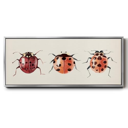 Renditions Gallery Insects Wall Art Three Ladybugs Display Floater Frame Paintings for Bedroom Living Room Kitchen - 8"X20" SILVER Frame GAL042