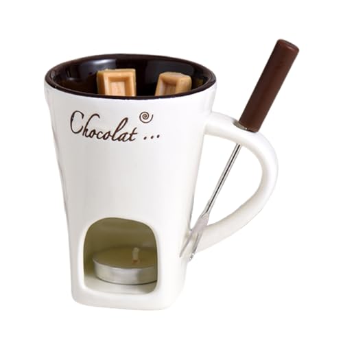 Eventerde Taza de fondue de chocolate con tenedor, 130 ml, portavelas, fondue de chocolate, fondue de porcelana, para derretir chocolate, Navidad, mini fuente de chocolate, tazas para velas de té