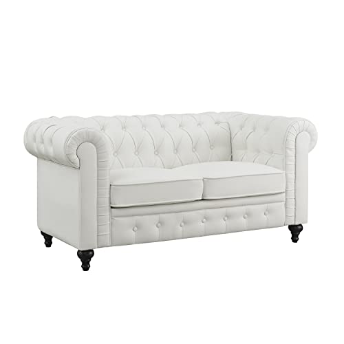 Naomi Home Emery Chesterfield Leather Loveseat, Mini Sofa Sleeper Loveseat, Small Sofa Bed With Rolled Arms, Tufted Cushions 2 Seater Sectional Small Loveseat For Small Spaces, Living Room White #TOP3