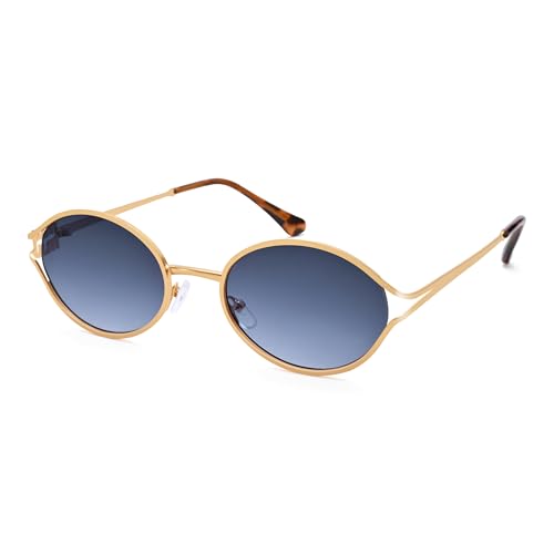 Bouryo Retro Oval Sunglasses for Women Men - Classic Trendy Small Round Sun Glasses Gold Metal Fashion Shades