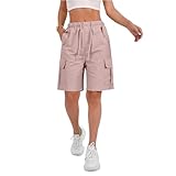 Cargo Bermuda Shorts for Women Knee Length Drawstring Elastic Waist Long Shorts Summer Lightweight Quick Dry Waterproof Hiking Short with Pockets Carpenter Comfy Cargo Capris Baggy Wide Leg Short