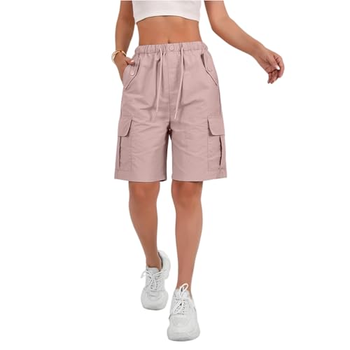 Womens Cargo Shorts Knee Length Lightweight Quick Dry Waterproof Cargo Bermuda Shorts Drawstring Elastic Waist Tactical Short Pants with Pockets Trendy Summer Active Outdoor Wide Leg Hiking Short