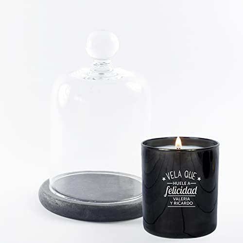Vela ‘Que huele a Felicidad’ Personalizable con Nombres con campana de cristal