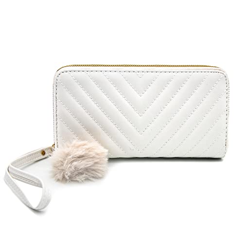 LJCZKA RFID Blocking PU Leather Wallet for Women Large Capacity Double Zipper Pocket With Wristlet Clutch Credit Card Holder (White)