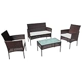 CORFOU tuinset in bruin gevlochten kunststof - 4 zitplaatsen - beige kussens