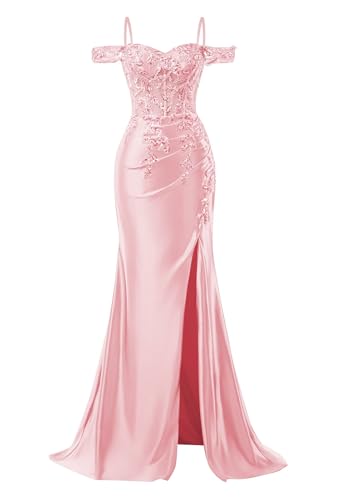 Image of Mermaid Satin Prom Dresses 2026 Lace Applique Off Shoulder Formal Evening Gown with Slit