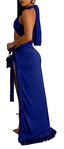 Image of Womens Sexy 2 Pieces Tassel Crisscross Bandage Crop Tops Bodycon Split Skirts Party Clubwear Dress Outfits Set
