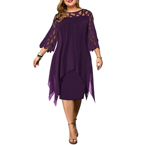 Meichoon Vestido de Verano para Tallas Grandes Gasa Ligera con Aberturas de Encaje Mangas 3/4 y Dobladillo Asimétrico Morado 3XL