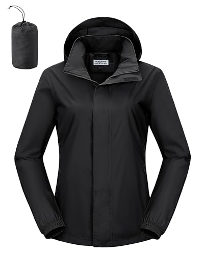 Outdoor Ventures Black Medium Rain Jacket with Packable Hood for Women