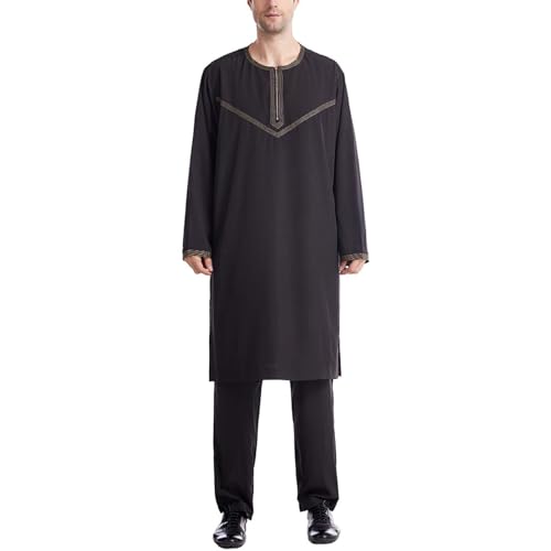 Generic Men's Muslim Robe 2 Piece Set Islamic Arab Kaftans for Men Eid Muslim Thobe Clothes Dubai Ramadan Daily Clothes
