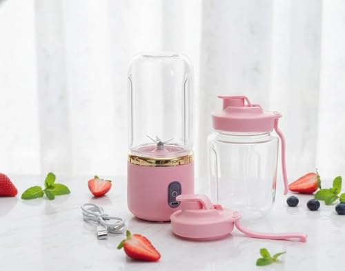 Image of ZENOVIA Portable Juicer Bottle, Pink | Dual Cup, USB Rechargeable Smoothie Maker, Leakproof Mini Juicer, For Travel, Gym & Kitchen