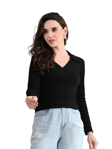 Image of Women's V-Neck Collar Full Sleeve Ribbed Top - Pure Cotton, All-Season, Comfortable & Stylish(Black,XXL)