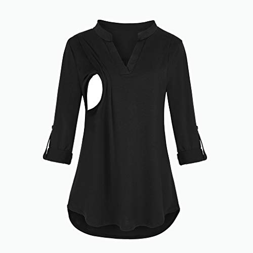 DLBJ Mama - Polo per Gravidanza, con Scollo a V, Maniche Lunghe, per Allattamento al Seno, Nero, XL
