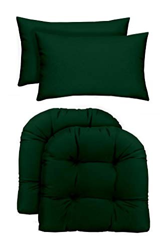 RSH DECOR: Tufted U-Shapes & Lumbars 2 of Each | 19” x 19” & 20" x 12" | Water-Resistant Spun Fabric | Outdoor Wicker Cushions & Support Pillows for Patio Furniture | Hunter Green - Made in USA