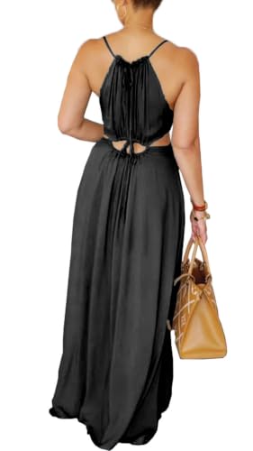 Image of Yeshire Womens Summer Spaghetti Strap Maxi Dress Sleeveless Sexy Cutout Drawstring Boho Beach Vacation Party Dresses