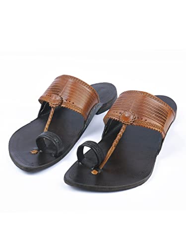 Image of KORAKARI Men Kolhapuri Chappal Handcrafted Sandal Smooth and Comfortable Flip Flops Slipper Stylish Anti Slip Design Genuine Leather Traditional Footwear.