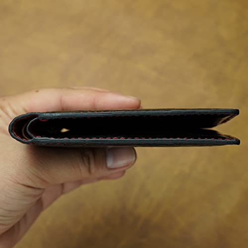 Image of Mens Black Red Slim Bifold Leather Wallets RFID Blocking Leather Wallet Double Side Luxury Passcase with ID Window Classic Handmade Gift for Dad Son Husband Boyfriend, Wedding, Father's Day VIMIX-81