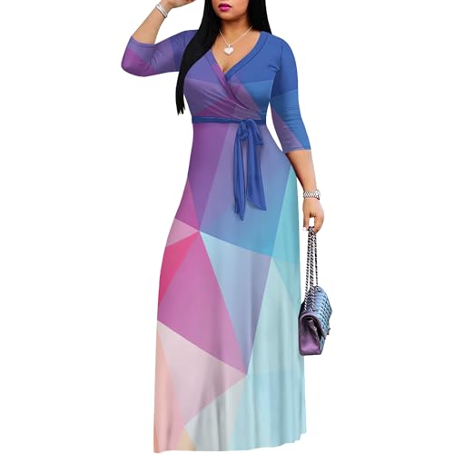 Image of PinkPatty Women's Print Maxi Dresses 3 /4 Sleeve Flowy Long Dress V Neck Wrap Tie Waist Sundress