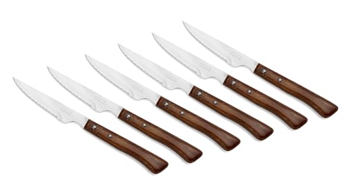 Arcos Juego 6 Cuchillos carne. Paquete Cuchillos chuleteros con filo de perla para cortar y filetear carne. Hojaerrada Acero Inoxidable y mango madera haya. Serie Mesa.