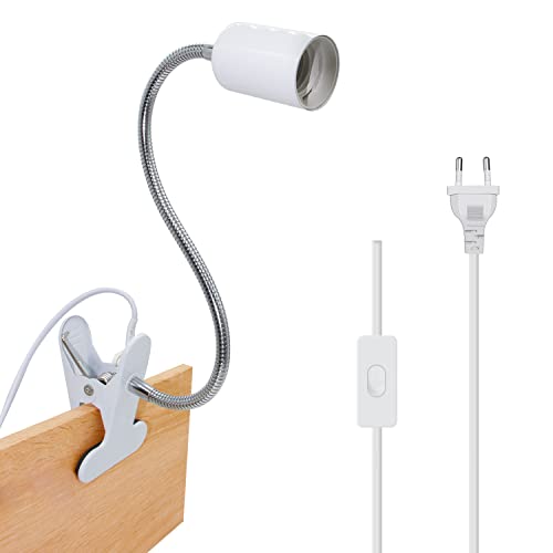 Metall E27 Klemmleuchte Lampenfassung Leselampe Tischlampe Klemmlampe stilllicht Buchlampe für Schreibtisch mit 360°flexibel Schwanenhals und 220cm Kabel button 60w für Schlafzimmer Cover