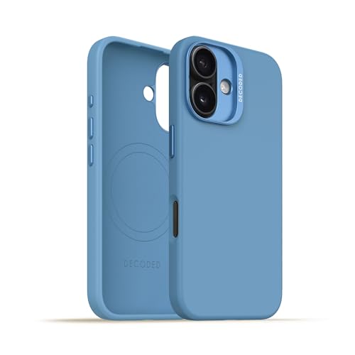 DECODED Coque en Silicone pour iPhone 16 Plus, Finition Soft-Touch Premium, Revêtement Antibactérien, Compatible MagSafe, Protection Antichute, Résistante aux Rayures, Boutons Métalliques, Bleu