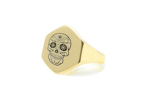 Bague tête de mort personnalisée gravée en hexagone qui ne ternit jamais