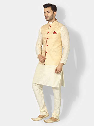 Image of Uri and MacKenzie Silk Men's Cream Kurta Matching Pyjama Chudidar With Golden Ethnic Nehru Jacket (42)