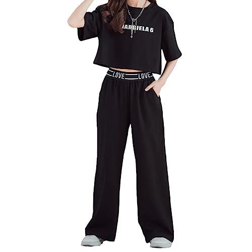 SUWIAKLALL Conjunto de camisetas e calças para meninas, design simples, tops, calças, kit de roupas