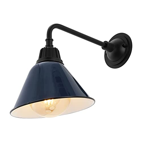 Image of JONATHAN Y Croydon 1-Light Gooseneck Barn Sconce 9.63 inch, Navy | Metal Bell Shade, Farmhouse Industrial Wall Fixture, Indoor or Outdoor, LED Bulb Included, Dimmable, For Porch, Patio
