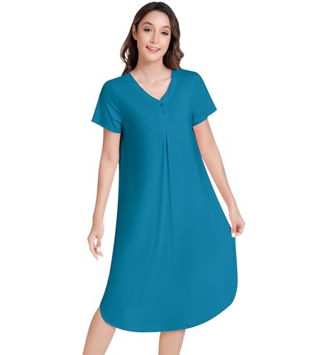 Image of NACHILA Bamboo Viscose Nightgowns for Women Short Sleeve V Neck Sleepwear