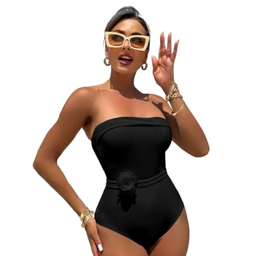 PTILSERY Einfarbiger Badeanzug für Damen, 1- teiliger Badeanzug für Mädchen, 3D- Blumen- Bademode, Push- Up- Badeanzug für Strandkleidung-6