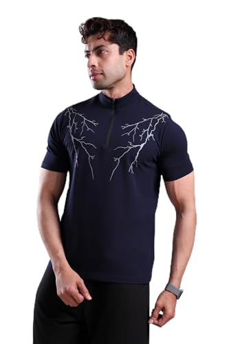 Image of GROW Stylish Gym T Shirts for Men Workout | Cotton and Spandex Quarter Zip Back Printed Collar T Shirts for Men Half Sleeves