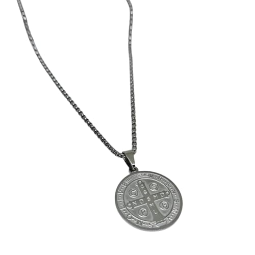 Cordão De São Bento De Aço Inox Corrente E Pingente Medalha Gravada Trabalhada De Aço Inoxidável De