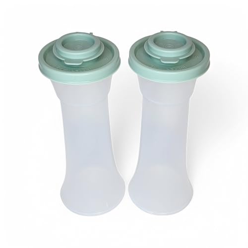 Tupperware Large Hourglass Salt and Pepper Shakers Clear Containers with Sage Green